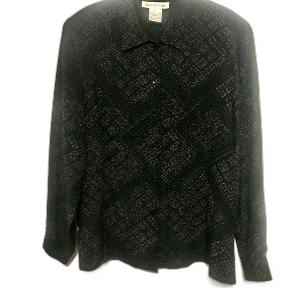 Jones New York black top  tribe  print 100% Silk button down shirt size 10 - Picture 1 of 8